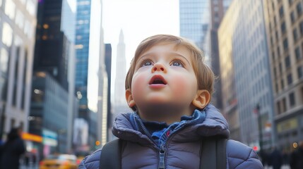 Portrait of a young child, looking up at tall modern skyscrapers