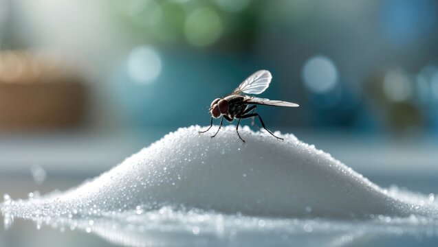 Fly on sugar, insects drawn to sweets, poor hygiene in the home.