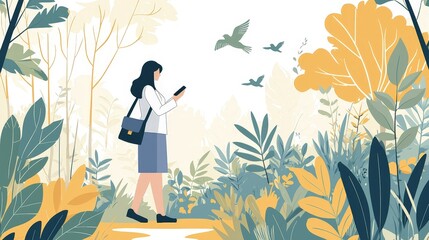 Woman Exploring Nature, Phone in Hand