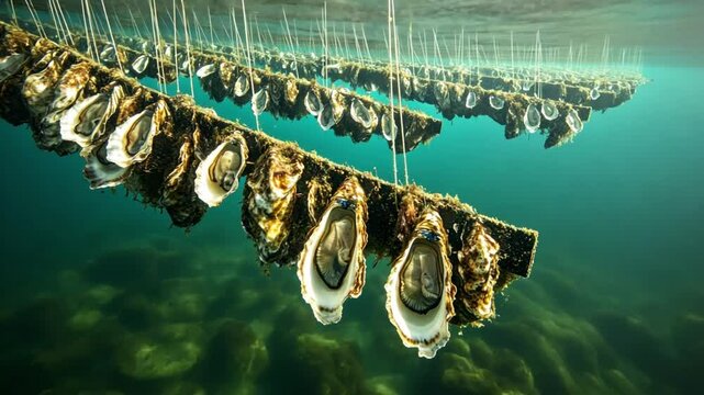 Underwater oyster farm with suspended shells in clear water