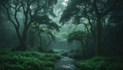 Obraz premium When it rains in the green forest, rainwater interacts with the forest components, such as the tree canopy, branches, and vegetation. The canopy protects the forest floor, reducing the impact of fa...