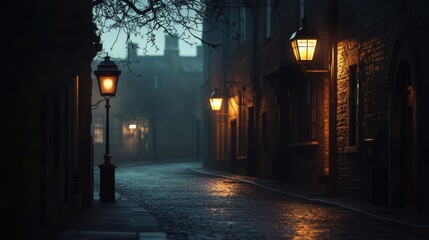 A dimly lit cobblestone alleyway showcasing antique street lamps at night