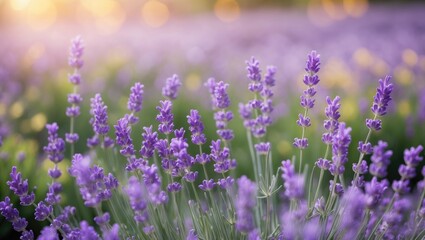 Fototapeta premium Lavender landscape, floral backdrop for banner. Closeup of lavender flowers with bokeh. Composition of nature.