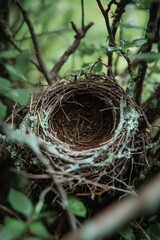 Closeup of a bird s nest in tree branches, highlighting the forest as a supportive habitat