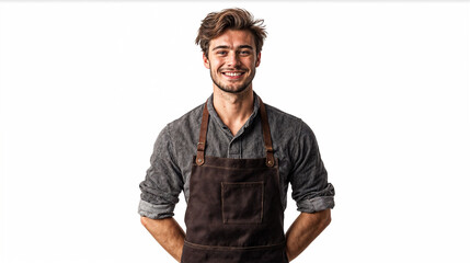 Fototapeta premium A portrait of a young man isolated on a white background, dressed in a dark barista apron with rolled-up sleeves, smiling, natural lighting