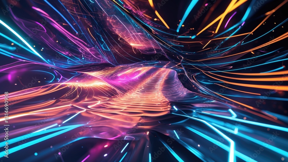 Poster futuristic setting featuring a web of lines with a rippling effect. large data. Image. Impact of particle oscillations.