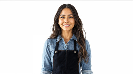 Fototapeta premium A portrait of a young woman isolated on a white background, dressed in a trendy barista apron with a denim shirt, smiling, natural lighting