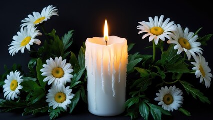 Burning candlelight and white flowers tribute for condolence memorial service announcement with space for text in an obituary, listing the deceased. Funeral theme.