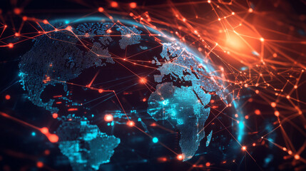 A digitally generated image showcasing global data processing, emphasizing worldwide business, finance, computing, and connectivity