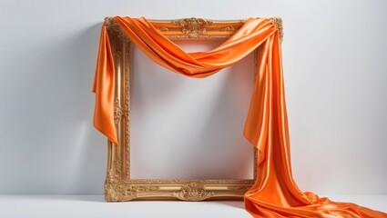 Flying orange satin fabric revealing golden frame, abstract backdrop for new product launch with motion blur.