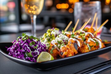 A cyberpunk-themed tapas presentation with glowing neon plates and futuristic skewers, served in a vibrant, neon-lit urban dining spot