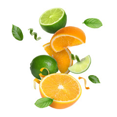Lime, orange, zest and green leaves in air on white background