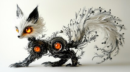 Obraz premium Enigmatic Robot Fox with Glowing Amber Eyes and Bushy White Tail, Intricate Mechanical Design and Artistic Flair