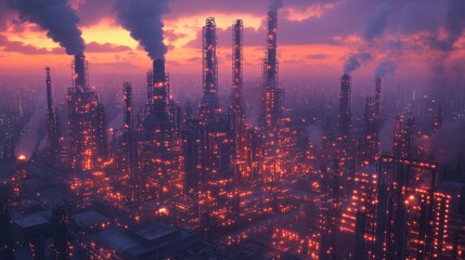 Fototapeta premium Nightfall over Glowing Industrial Complex, Aerial View