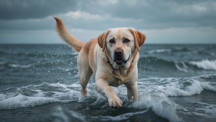 Labrador enjoying the sea.
