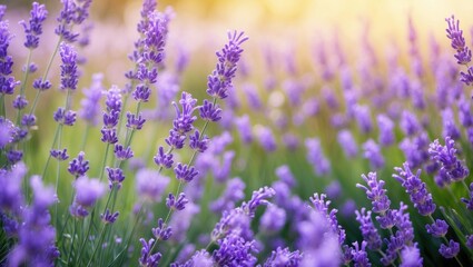 Obraz premium Lavender landscape, floral backdrop for banner. Closeup of lavender flowers with bokeh. Nature composition.