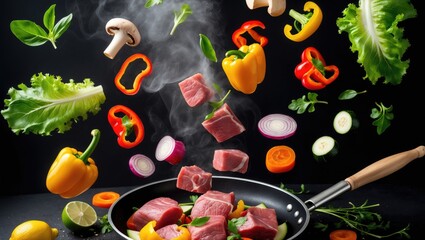 Flying food concept. Chunks of raw pork, along with vegetables, descend into the pan. Image set against a dark background.