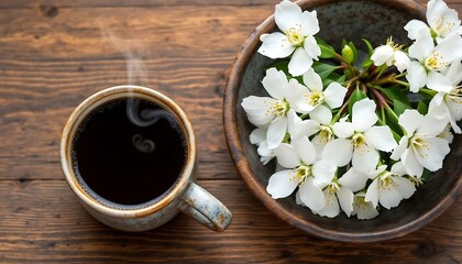 Fototapeta premium Steaming Coffee with White Flowers on Rustic Wooden Tabletop