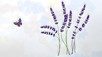 Butterfly on blue flower spike against blue sky