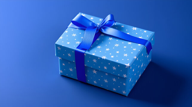 Festive Blue Gift Box with Starry Design , A beautifully presented blue gift box adorned with a starry pattern sits on a dark blue backdrop. A matching blue ribbon adds an elegant touch.