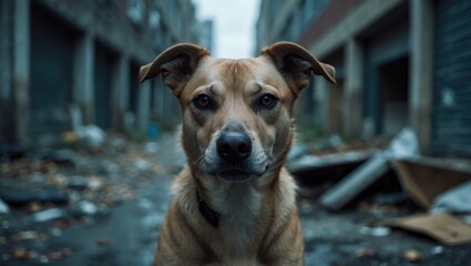 Obraz premium Free-ranging urban dog. Abandoned animal gazing at the camera.