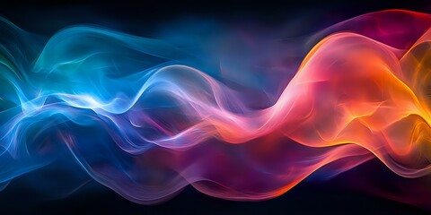 Fototapeta premium Vibrant colorful smoke waves flowing horizontally with blue, purple, pink and orange hues against black background creating dynamic abstract art composition.
