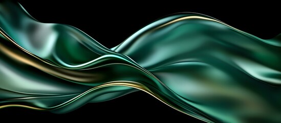 Luxurious emerald green silk fabric waves with golden accent on black background, flowing in smooth elegant curves creating abstract artistic composition.