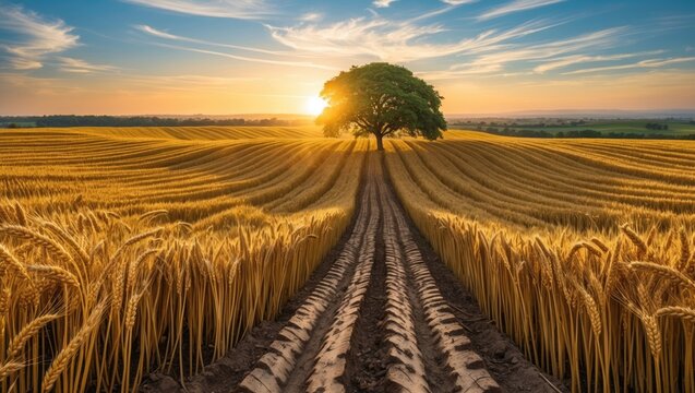 Panorama of a Gold Wheat field with a tree at sunset in a rural countryside.