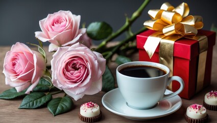 Coffee cup, flowers, and sweets.