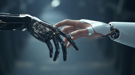 The impact of AI on the world, featuring machine learning, a robotic and human hand touching over a big data network, symbolizing data exchange, deep learning,