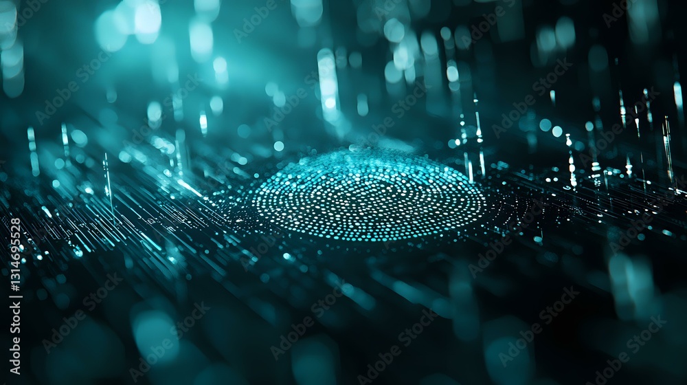 Poster glowing fingerprint pattern on dark surface with turquoise bokeh lights and reflective particles cre