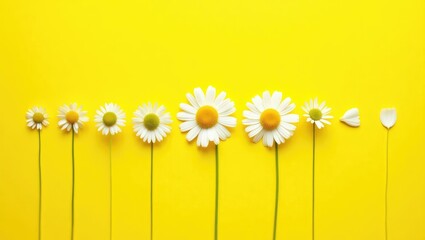 Obraz premium Chamomile flowering phases. White daisies against a yellow backdrop. Background with space for text. Overhead view. Minimalist creative idea.