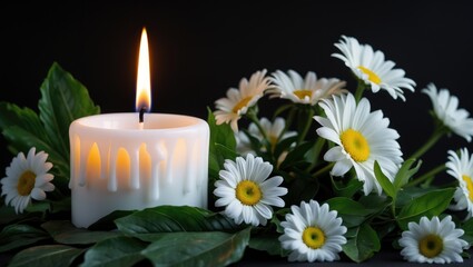 burning candlelight and white flowers tribute for a condolence memorial service announcement featuring space for text, an obituary, and a list of the deceased. Funeral concept.