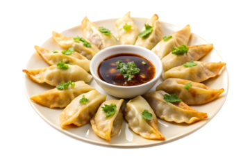 Dumpling Delight: An overhead shot captures an artfully arranged plate of golden dumplings encircling a small bowl of dipping sauce, a visual treat for food lovers. 