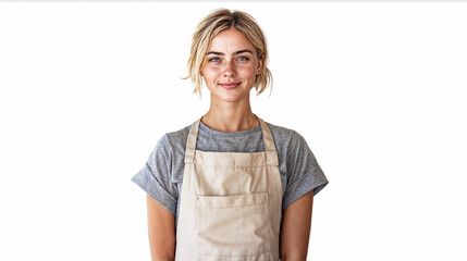 A portrait of a woman in her early 30s isolated on a white background, with short blonde hair and bright green eyes, wearing a barista outfit consisting of a beige apron, a gray T-shirt,