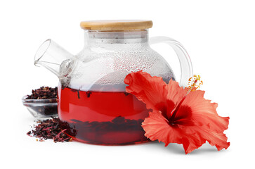 Freshly brewed hibiscus tea and red flower isolated on white