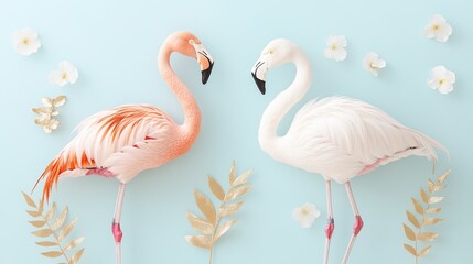 Obraz premium Colorful flamingos stand gracefully against soft blue background