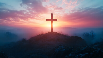 Fototapeta premium Holy cross symbolizing the death and resurrection of Jesus Christ with the sky over Golgotha Hill is shrouded in light and clouds. Apocalypse concept