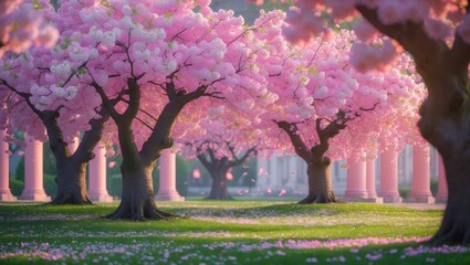 Blooming cherry sakura trees in shades of pink and white. Cherry blossoms. Gorgeous blooming trees in a park. Pink and white petals on the cherry tree.