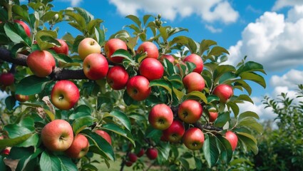 Fototapeta premium Red ripe juicy apples hanging on a branch in the garden. Orchard. Trees. Rural garden. Ripe red apples on a tree. On the tree in the garden.