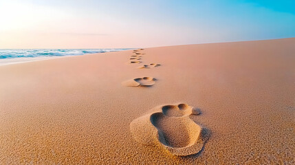 Footprints in Golden Sand on a Serene Beach at Sunset Near the Tranquil Ocean Waves