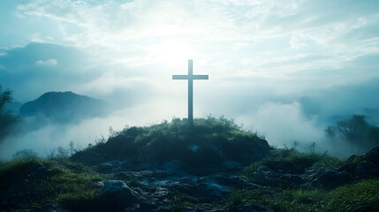 Naklejka premium Holy cross symbolizing the death and resurrection of Jesus Christ with the sky over Golgotha Hill is shrouded in light and clouds. Apocalypse concept