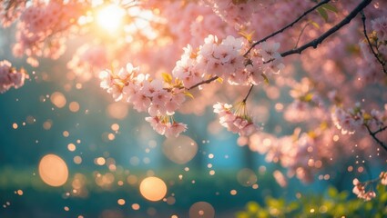 Spring blossom background. A stunning nature setting featuring a blooming tree and sun flare. Bright day. Spring flowers. Beautiful orchard. Abstract blurred backdrop.