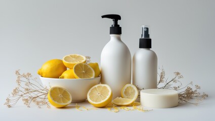 Lemon fruit extract combined with natural beauty soap for facial skincare and flowers on a white backdrop.