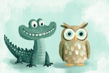 Obraz premium Cheerful crocodile and wise owl stand side by side against soft