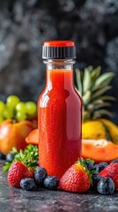 Tropical fruit hot sauce bottle, dark background, healthy food, recipe ingredient