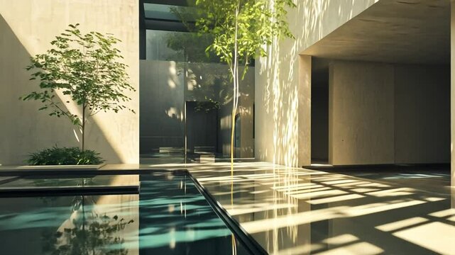 Tranquil Indoor Oasis: Modern Architectural Design with Reflecting Pool and Lush Greenery
