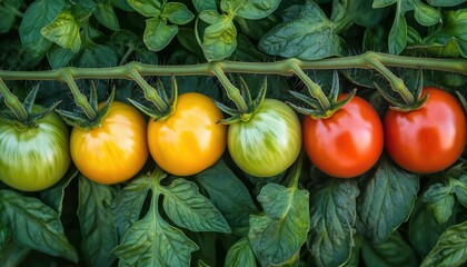 Different Stages Of Ripening Tomatoes: Freshly Picked From The Garden, Showcasing Tomatoes At Various Ripening Phases, Displayed Side By Side.