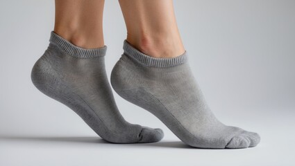 Side view of a lovely human foot in a new soft natural cotton fabric blank sock, set against an abstract background. Wearing and sports clothing concept. Detailed close-up studio shot.