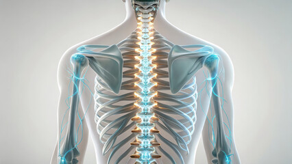 detailed illustration of human spine showcasing biomechanical design with futuristic enhancements, emphasizing vertebrae and surrounding structures